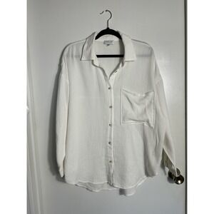 ACOA White Cotton Gauze Long Sleeve Shirt M/L Beach Cover Up Airy Summer Tunic